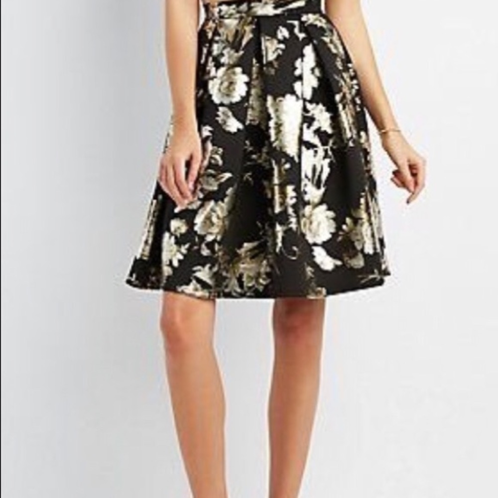 Black and Metallic Gold Floral Print Skater Skirt